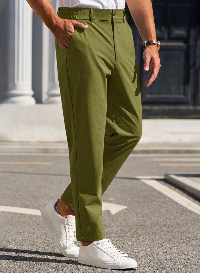 Runcati Mens Stretch Golf Pants Casual Slim Fit Dress Pants Elastic Waist Tapered Work Cropped Trousers Army Green - Image 2